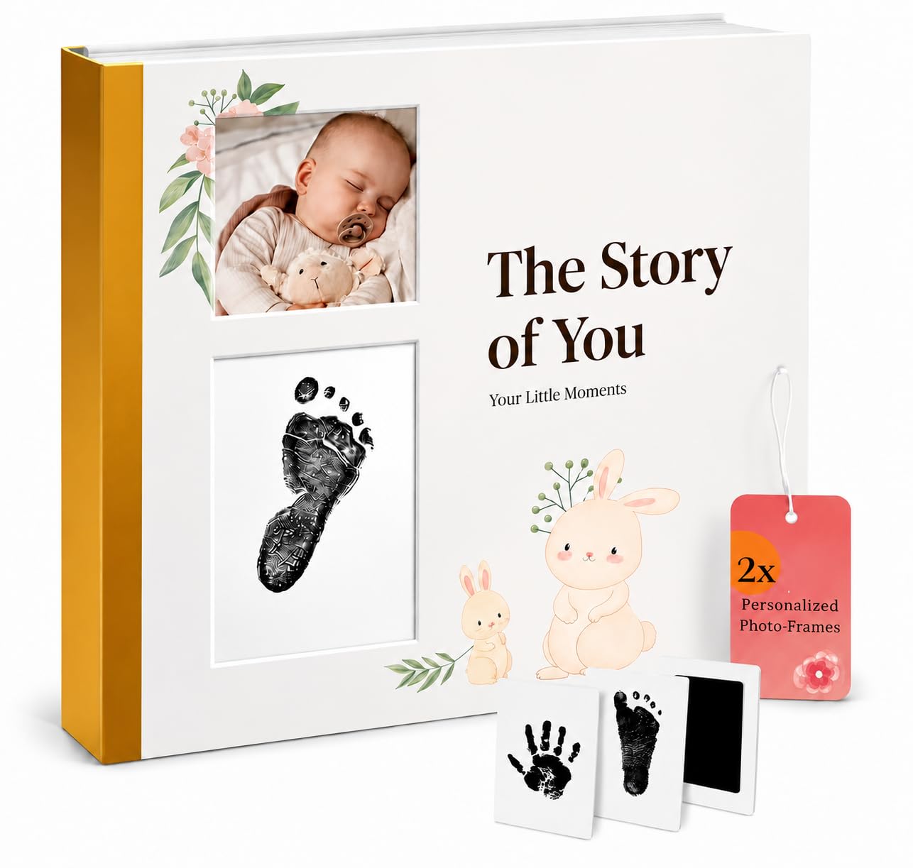 Baby-Erinnerungsbuch für Jungen oder Mädchen, Babybuch, Andenken mit Stempelkissen und zwei personalisierten Rahmen, halten Sie jedes Ereignis von der Geburt bis zum 5. Lebensjahr fest