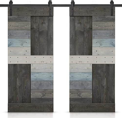 Miniatura 2 de TMS N Series - Puerta corrediza doble de madera de pino anudada con kit de herrajes deslizantes (36 x 84 pulgadas, gris multicolor)
