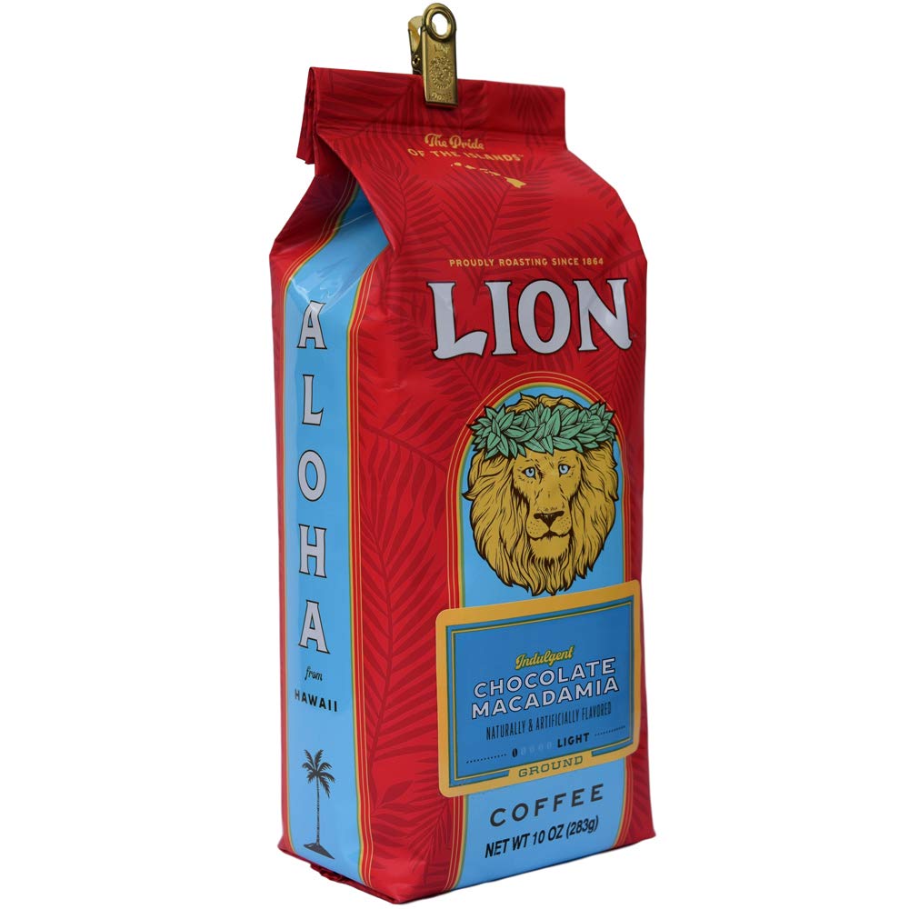 Lion Coffee Chocolate Macadamia Nut Flavored Coffee (Ground, Light Medium Roast, International Blend, 10oz Bag)