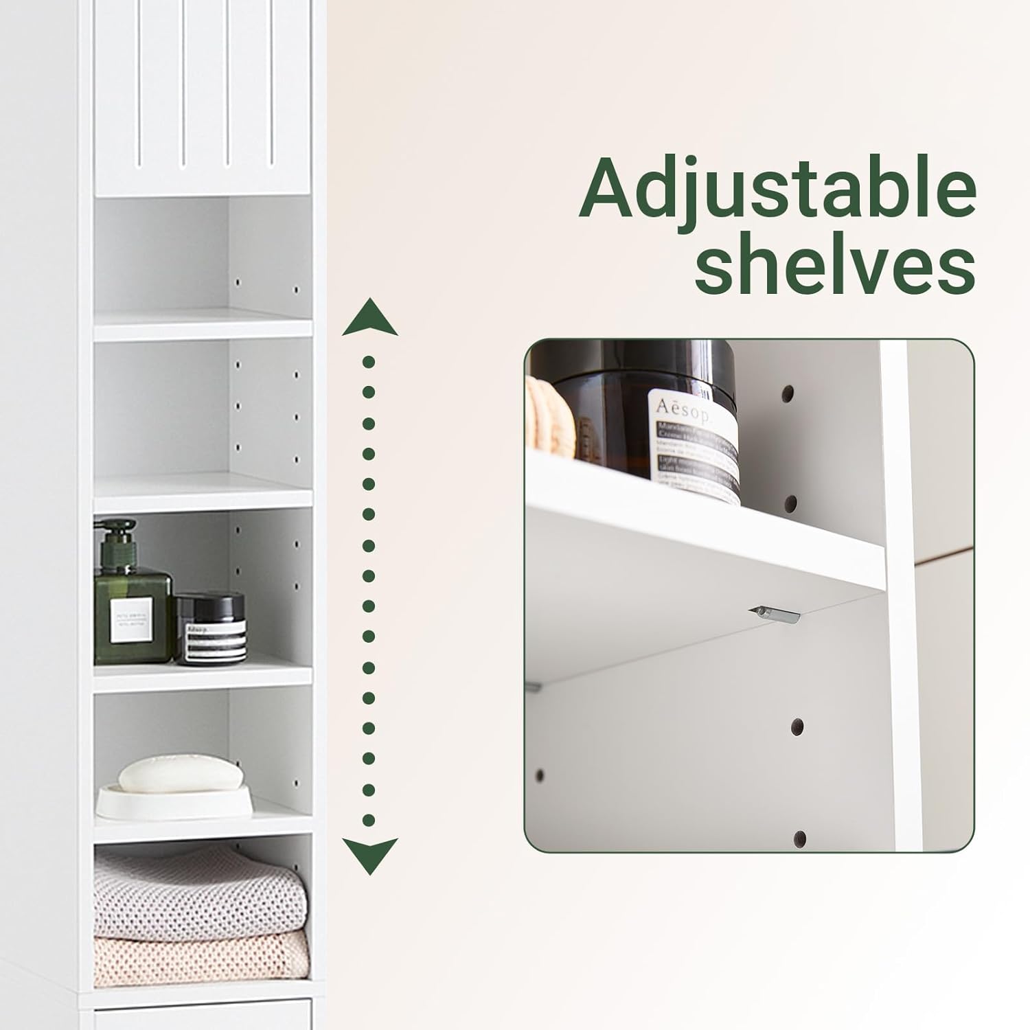 SoBuy Tall Narrow Storage Cabinet, Skinny Bathroom Cabinet with Adjustable Shelves Slender, Anti-Tipping Floor Standing Cupboard, Pinstripe White BZR160-W