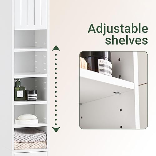 Miniatura 6 de SoBuy Armario de almacenamiento alto y estrecho, gabinete de baño delgado con estantes ajustables delgado, armario de pie antivuelco, blanco a rayas