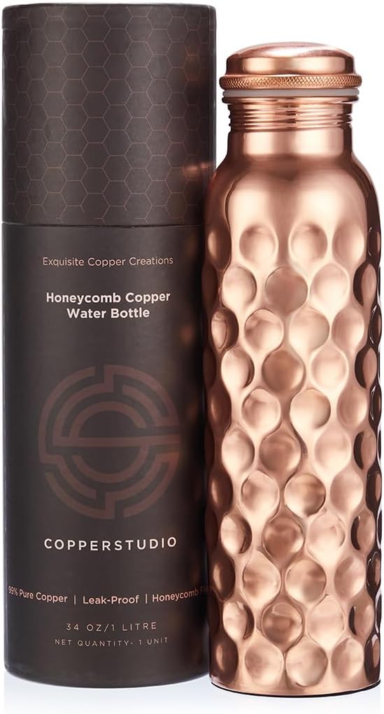 Honeycomb Copper Water Bottle- 1 litre/34 oz, Pure Copper bottle with Leak Proof cap, Honeycomb finish, Lacquer coated, Health Benefits/Yoga Bottle