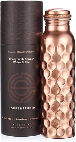Botella de agua de cobre de nido de abeja - 1 litro34 oz, botella de cobre puro con tapa a prueba de fugas, acabado de nido de abeja, recubrimiento