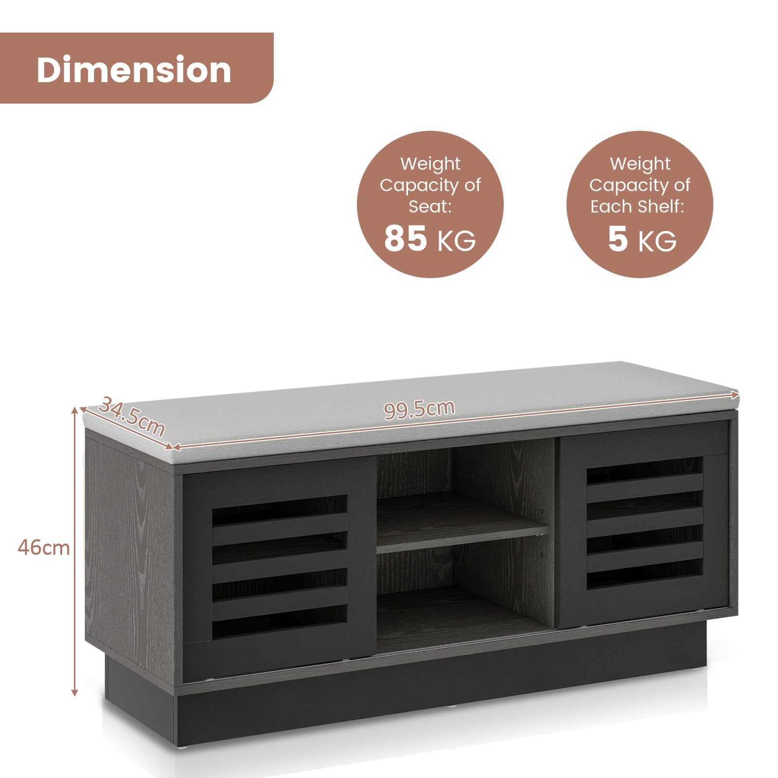 HOMASIS Panca Scarpiera con Cassetti, Portascarpe Ingresso con Seduta Imbottita, Scarpiera con 3 Ripiani Regolabili e 2 Ante Scorrevoli, Panchetta in Legno per Corridoi, 99,5 x 34,5 x 46 cm (Nero)