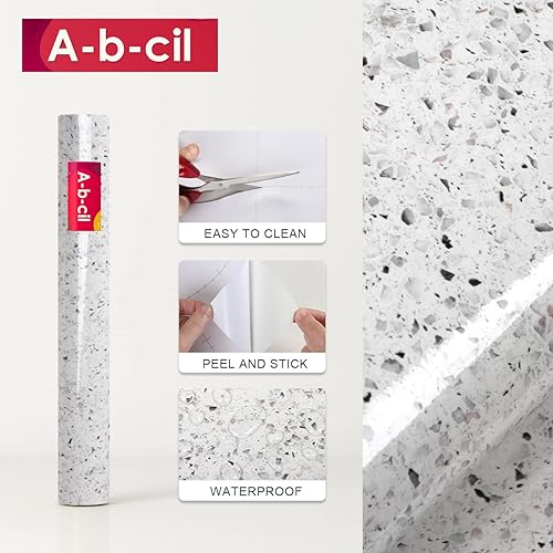 Miniatura 7 de Papel adhesivo de granito gris y blanco de 400 x 16 pulgadas, papel tapiz de terrazo, autoadhesivo, impermeable, para encimeras de cocina, baño,