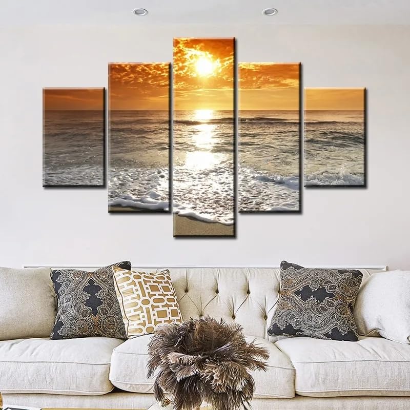 Tableau déco salon bord de mer xl : grand coucher de soleil en 5 panneaux pour votre salon