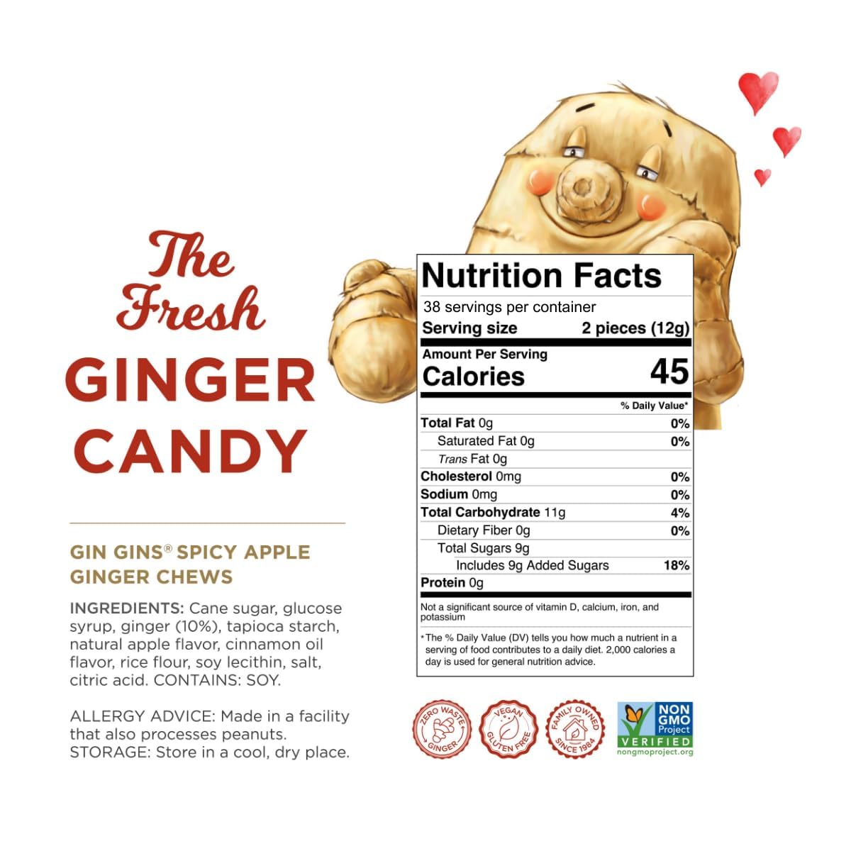 GIN GINS Spicy Apple Ginger Chews – Natural Fresh Ginger Candy by The Ginger People – Individually Wrapped Healthy Candy – Spicy Apple Ginger Flavor – Large 1 lb Bag (16oz) – Pack of 2