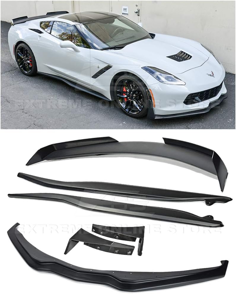 for 2014-2019 Corvette C7 Z06 Style ABS Plastic Primer Black Front Bumper Lip Splitter with Stage 3 Painted Carbon Flash Extension Winglets & Side Skirt Panels with Rear Spoiler Assembly Combo KIT