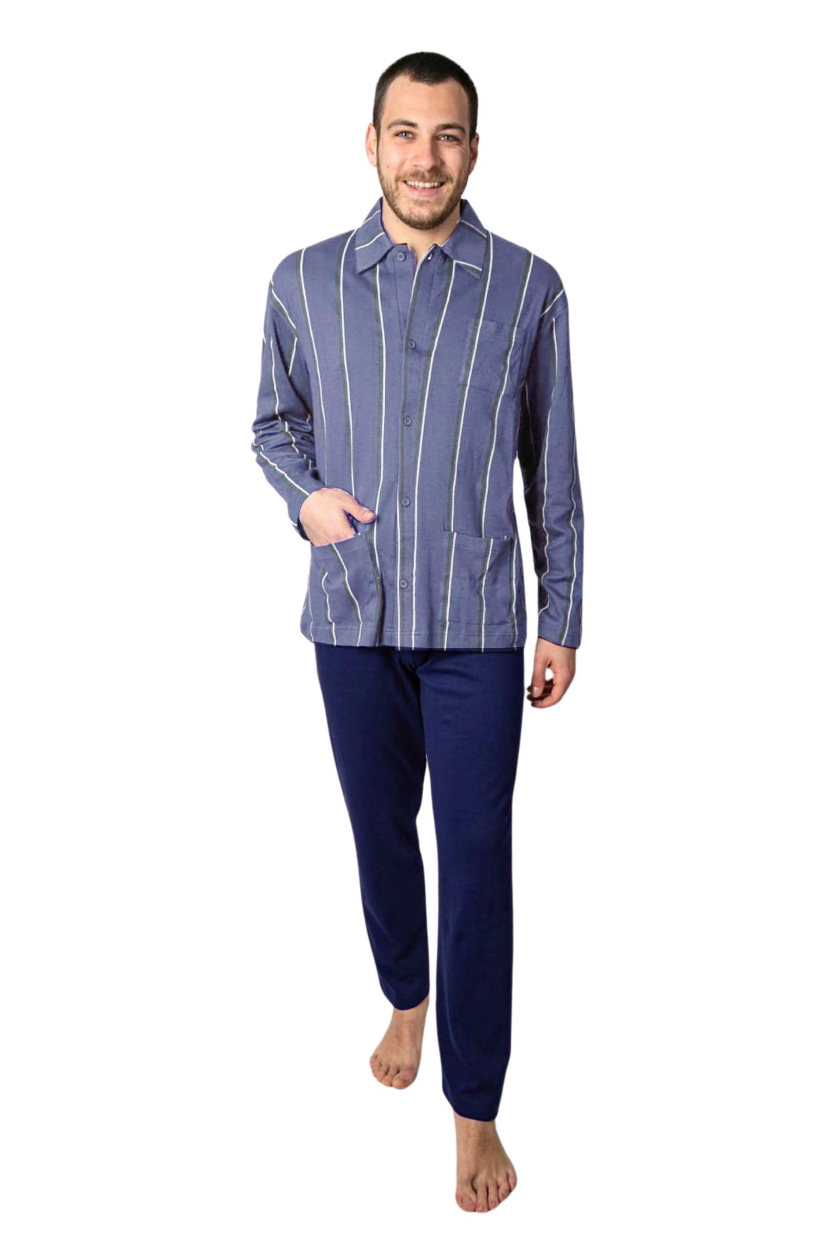 Leo Corsetteria Pigiama Lungo Uomo 100% Caldo Cotone Aperto Bottoni 3 Tasche No Polsini Righe