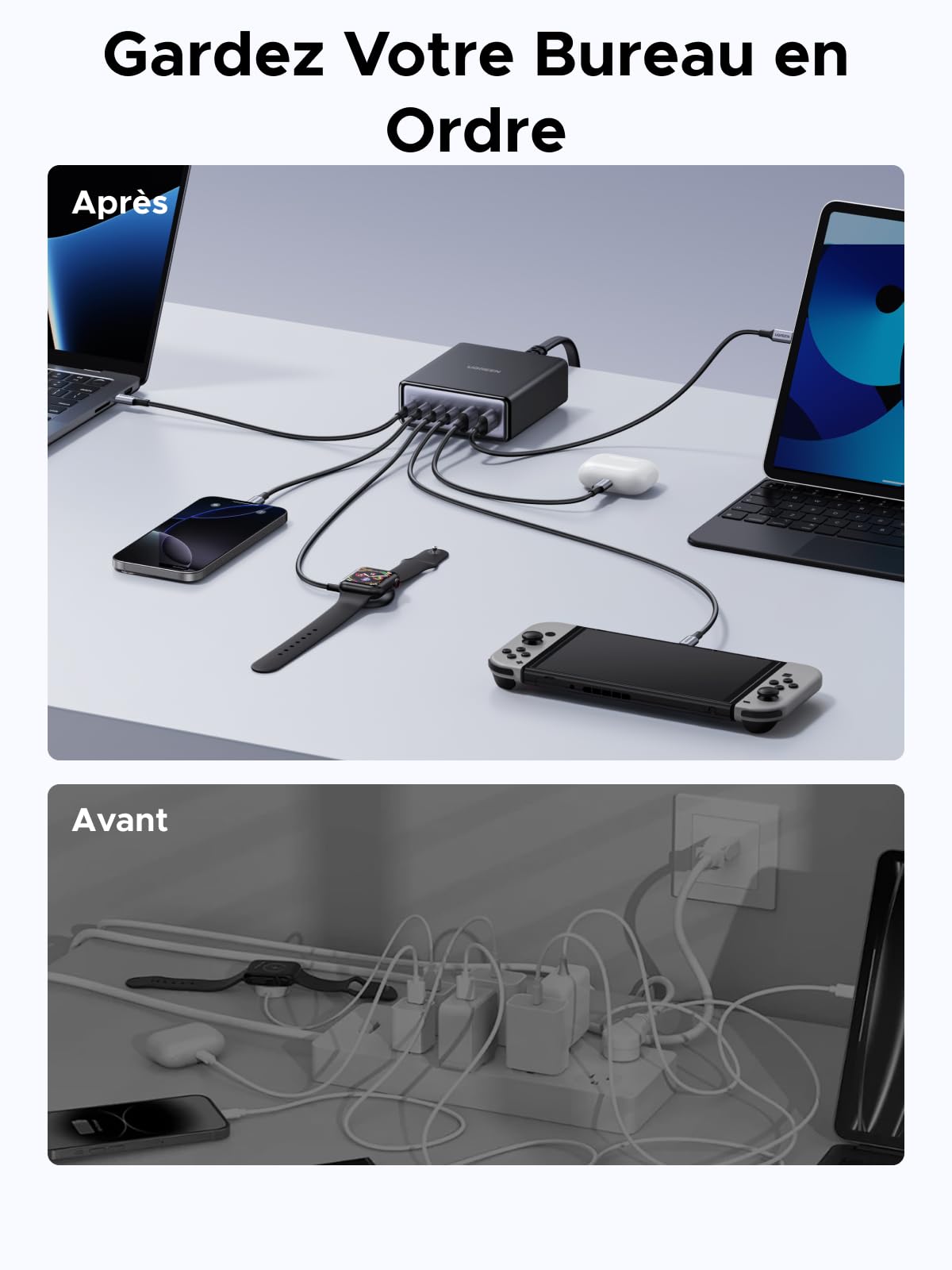 UGREEN Zapix 100W 6 Ports Chargeur USB C Rapide Station de Charge Bureau GaN Tech 65W Compatible avec iPhone 17 Pro Max Air 16 15 14 13 12 iPad MacBook Pro Air Neo M5 M4 M3 M2 M1 Galaxy S26 S25 S24