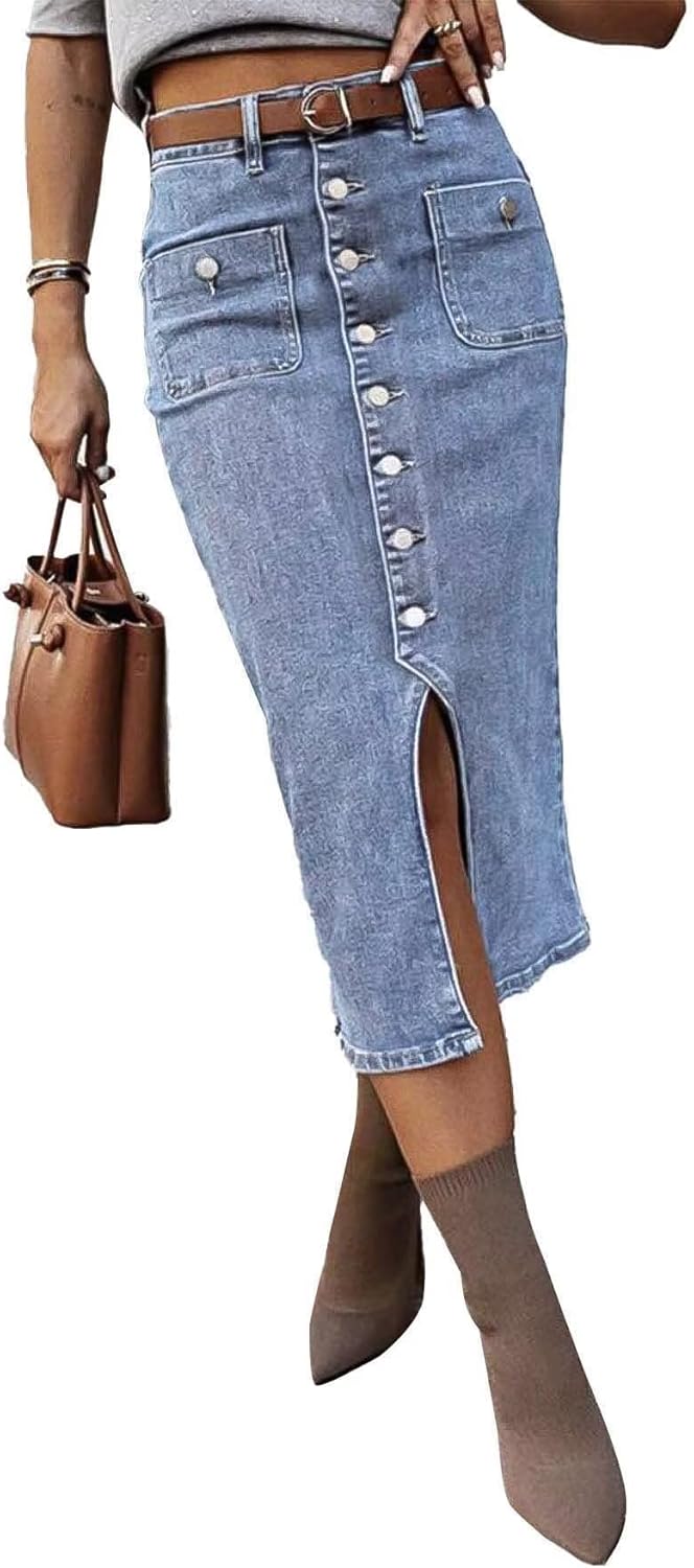 Flamingals Denim Skirt for Women Midi Skirts High Waist Vintage Button Front Stretch Long Jean Skirt Fall Fashion