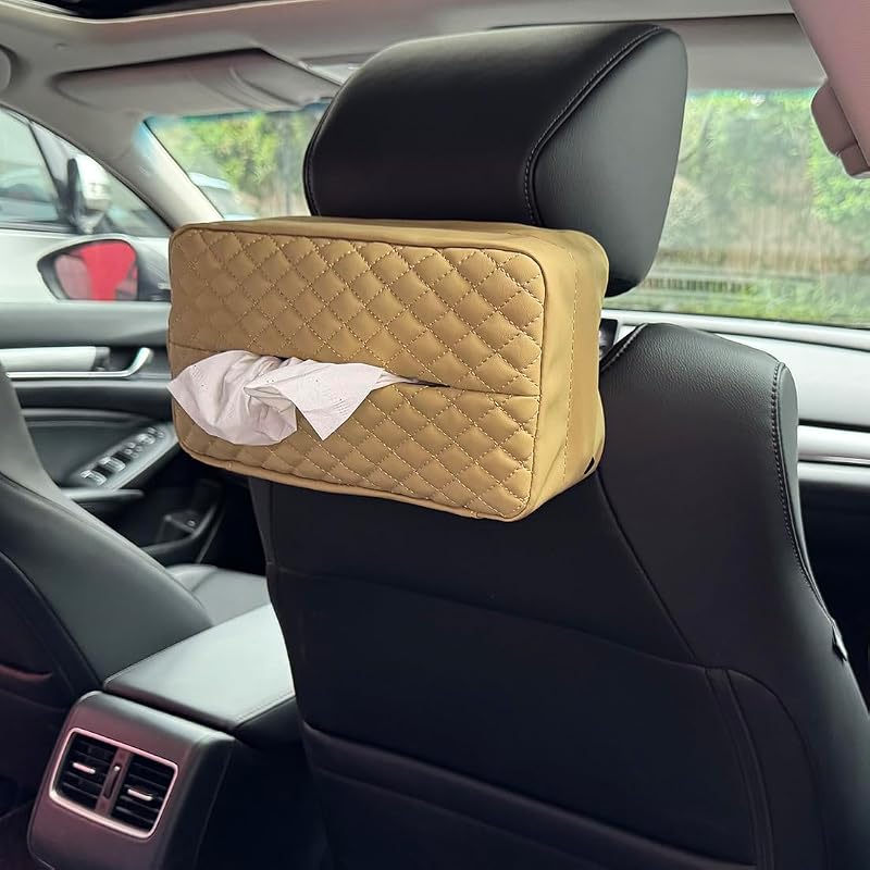 Porta Lenços para Carro NETSEY em Couro Sintético Bege com Fechamento por Zíper e Alça Elástica
