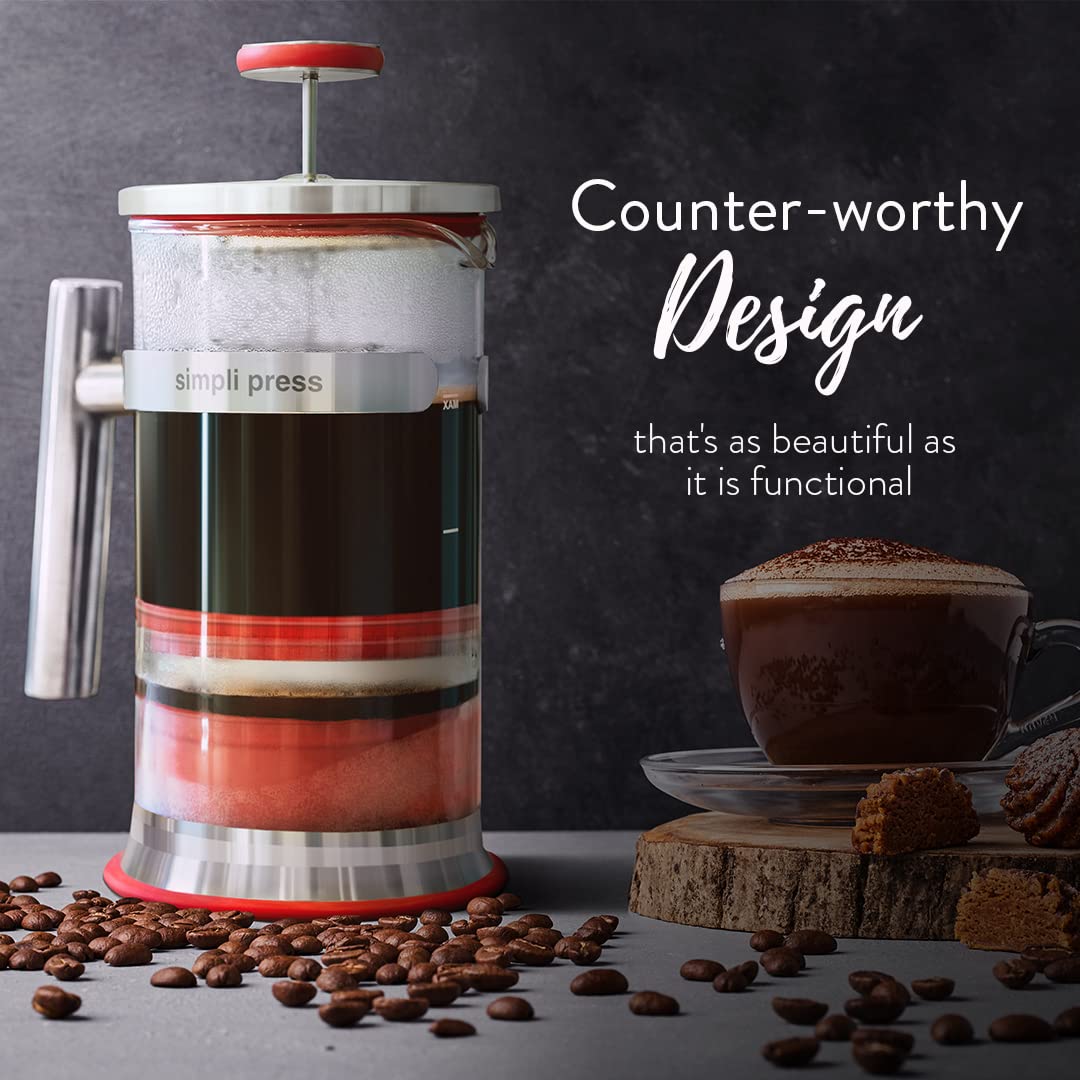 Simpli Press French Press Kaffee- und Teebereiter – einfache Reinigung & körnfreier Kaffee – anpassbarer Kaffee – geschmackvoller, glatter Kaffee – Kunststofffreier Premium-Edelstahl – 964 ml – Rot