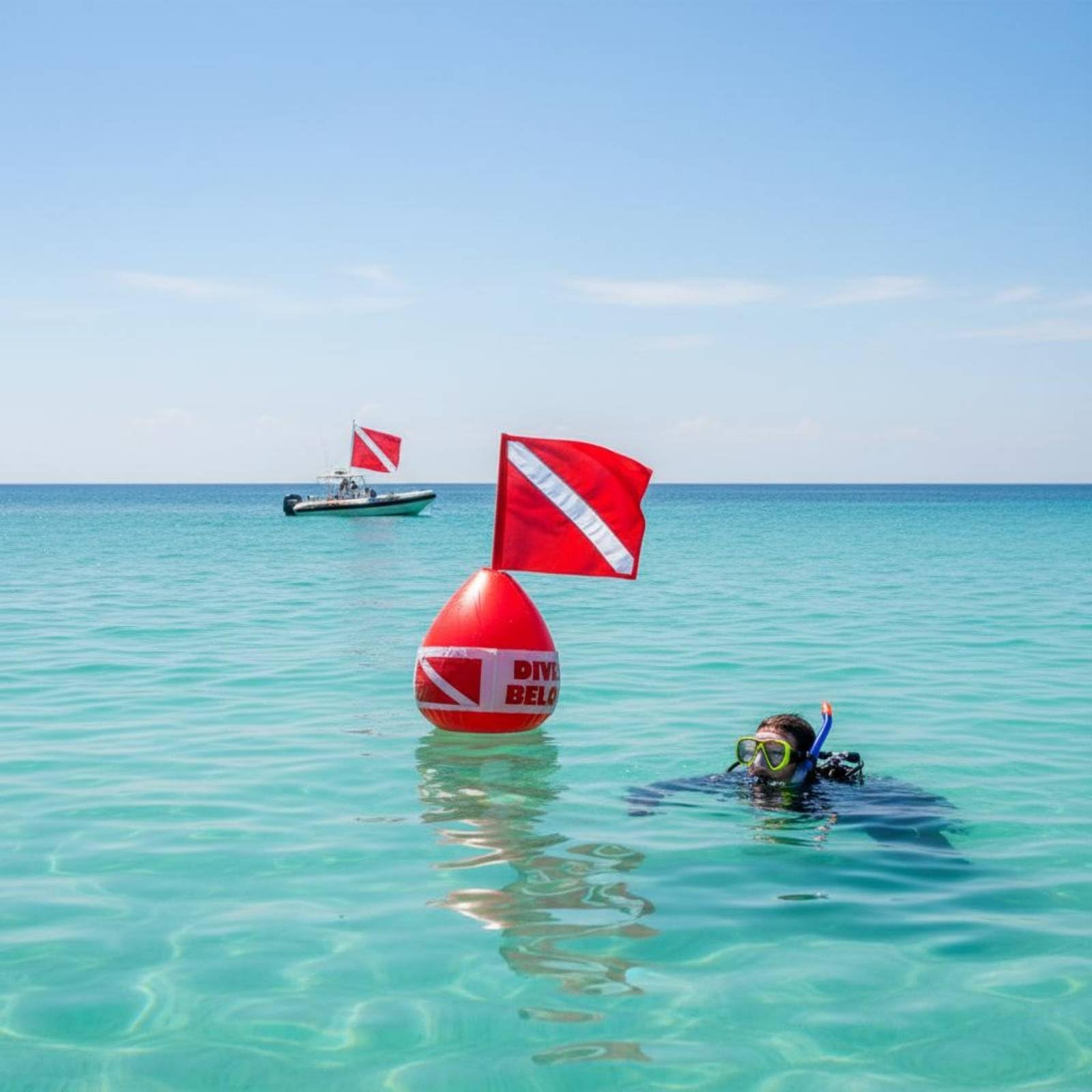 Bouée de Plongée Gonflable avec Drapeau Haute Visibilité, Bouée Marqueur Rouge Vif, Valve de Gonflage Rapide par la Bouche, Plongeur Signalisation « Diver Below » pour Mer et Lac