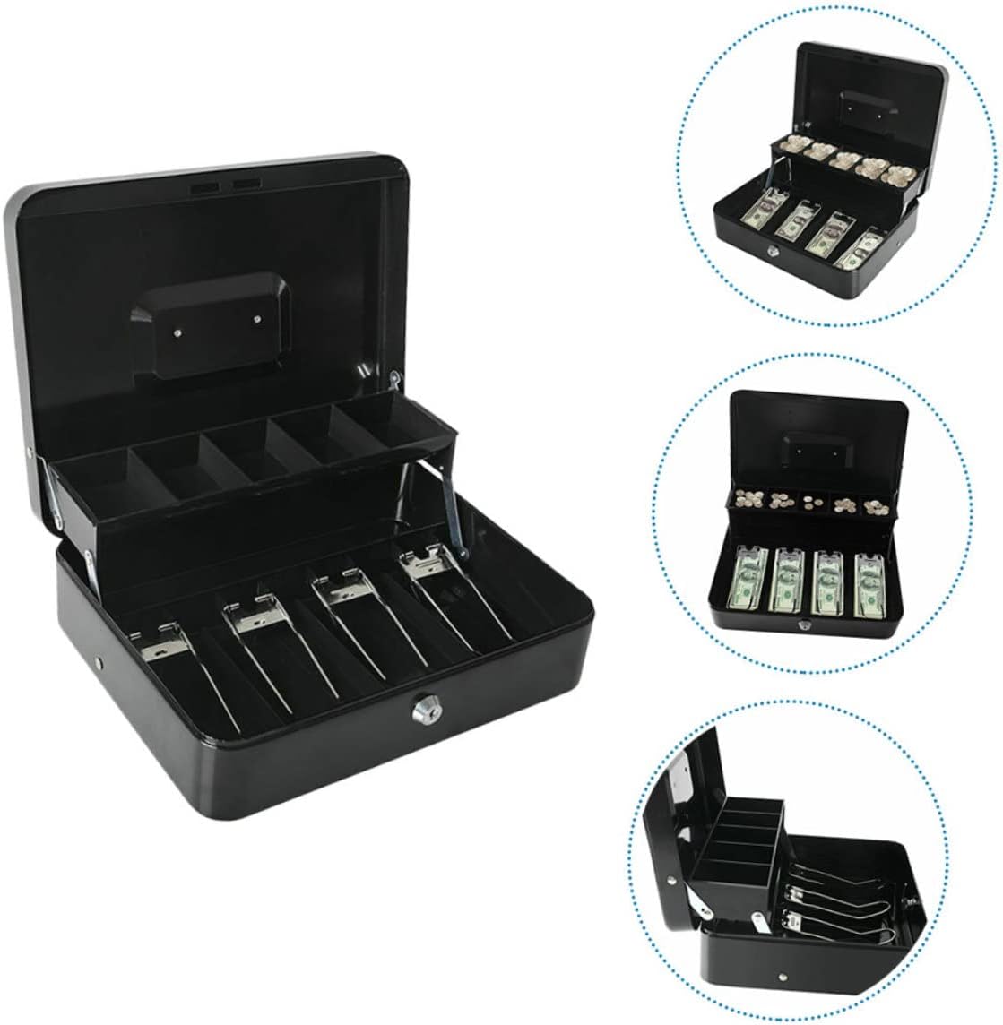 キャッシュドロワー 4グリッドレジトレイ 現金保管ボックス 5コイン収納 引き出し式 スーパーマーケット用 小さなロックボックス、幅広い用途の小型キャッシュボックス  二重構造 金属製 頑丈な