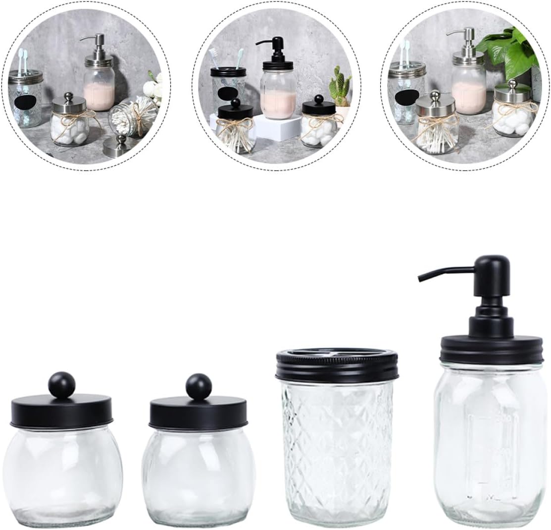 Glass Bathroom Accessory Set with Toothbrush Cup and Lotion Dispenser Bottle, Black Lid Mason Jar Style, Glass Swab Storage Jar for Home Personal Washing Use