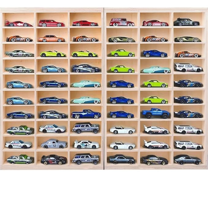 Image of 60 compartement Wooden Display for Cars - Diecast Toy Car Stand, Display Rack for Kids Toys, Living Room, Balcony, Office Decor - (Without Toys) - Wooden Display for Diecast Cars (60 Compartment)