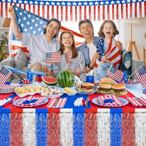 Image of Oudain 6 Pcs 4th of July Parade Float Decorations, Includes 2 Pack Patriotic Wavy Metallic Tinsel Foil Fringe Table Skirts 4 Pack Red White and Blue Fringe Banner for Labor Day, Veterans Day