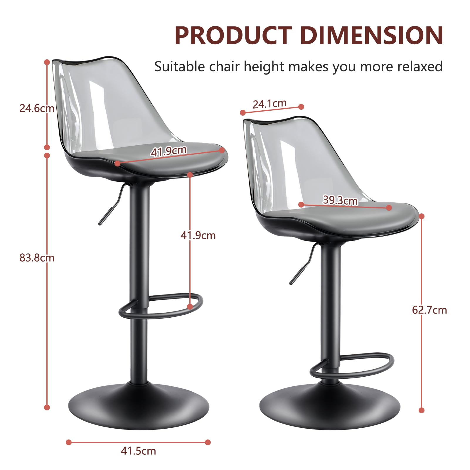 set di 2 sgabelli da bar trasparenti in acrilico regolabili in altezza con schienale e poggiapiedi, sedie girevoli imbottite a 360° moderne per cucina, sala da pranzo, bancone e bar