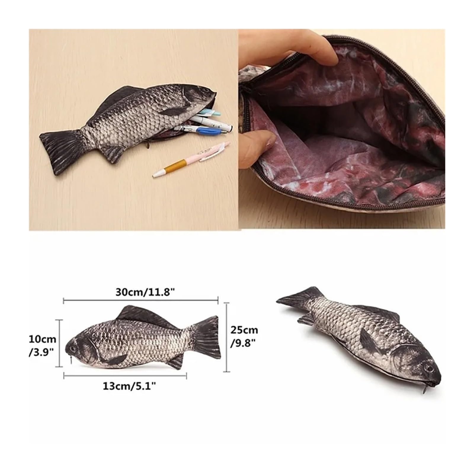 Portapenne a forma di pesce for la scuola | Design realistico della carpa, multiuso, con cerniera, custodia for trucchi, organizer for penne/cosmetici