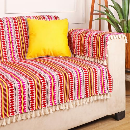 Image of STITCHNEST Woven 1 Seater Sofa Protector with 2 Hand Rest Covers - Red & White Stripe Design - Washable Fabric with Tassels - Stylish Sofa Cover for Modern Living Room & Furniture Decor