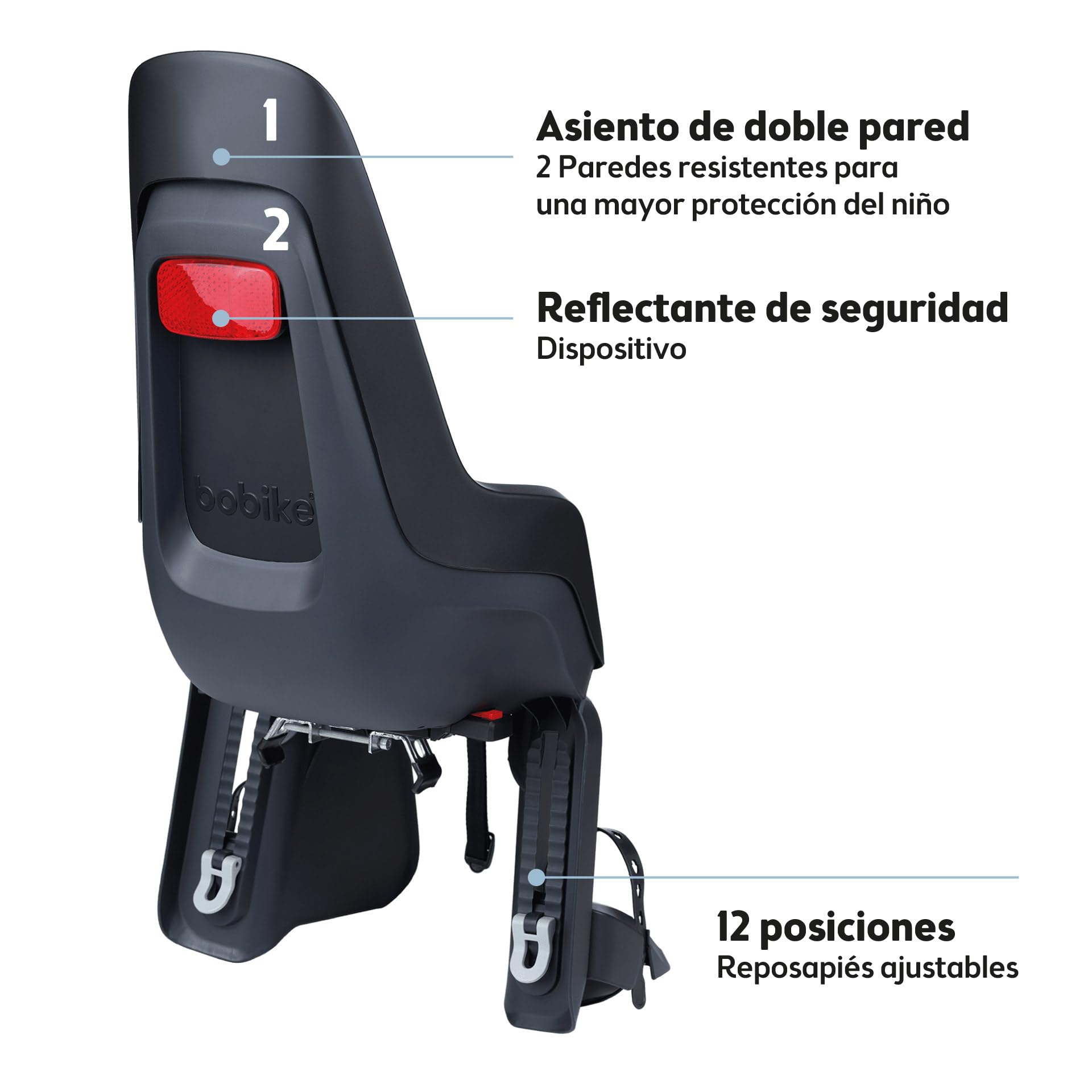 BOBIKE 8012100018 - Silla Bicicleta Trasera One Maxi EB-D para Portaequipajes – Segura y fácil de Montar, Adecuada para niños de 9 Meses a 6 años, hasta 22 kg, Negro Urbano