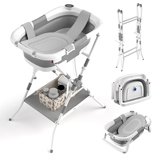 Bañera para bebé con soporte, bañera plegable 2 en 1 para recién nacidos a niños pequeños, bañera infantil con soporte plegable, bañera portátil