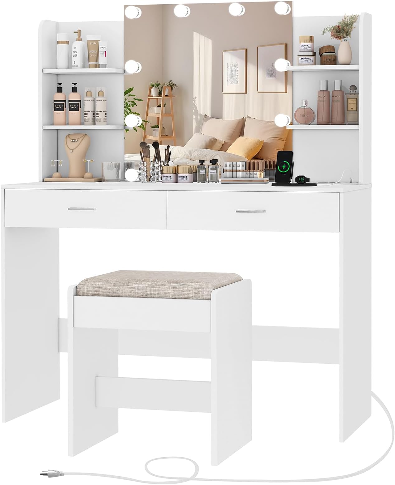 usikey Vanity Desk, Makeup Vanity Desk with Mirror & Lights, Vanity Desk with 2 Drawers & 6 Storage Shelves, Dressing Table with Power Outlet, for Women Girls, Bedroom (White)