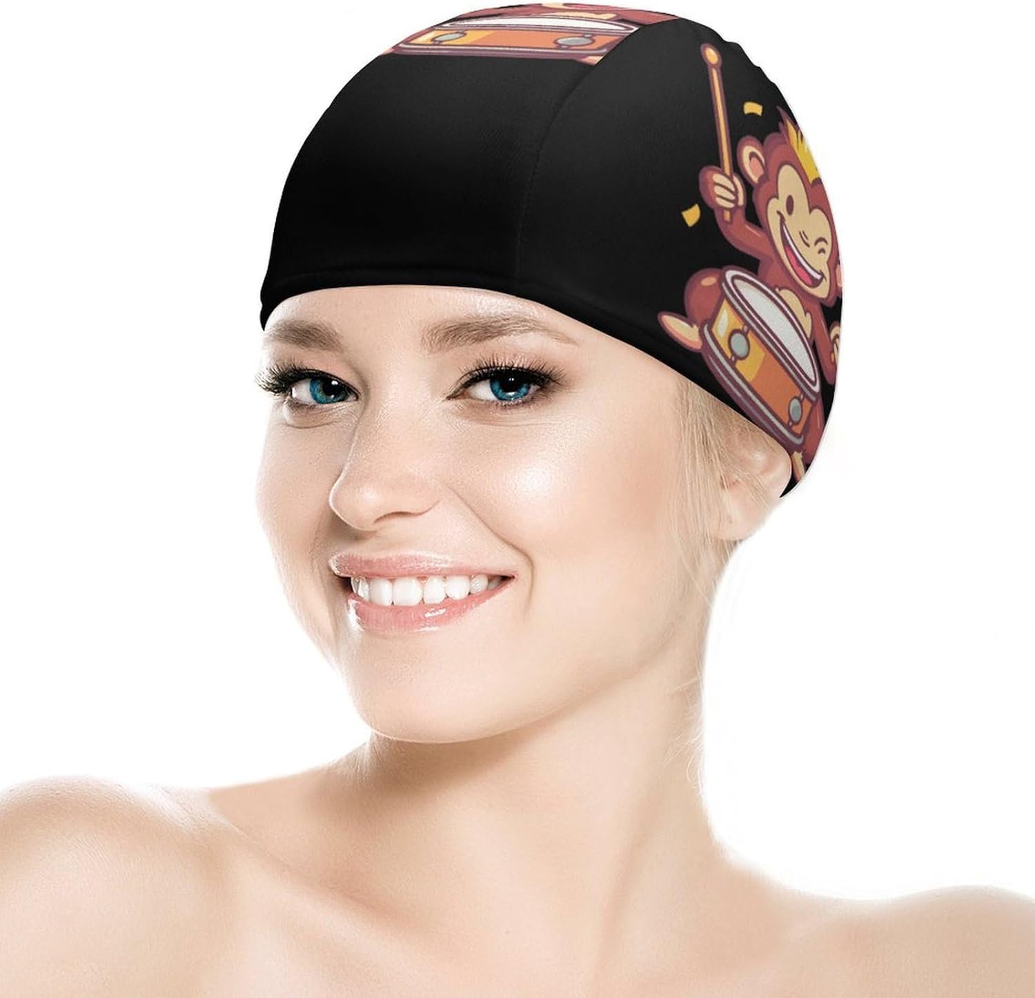 Playful Monkey Playing Drums Womens Swim Cap for Men Adult Swimming Hat Curly Short Medium Long Hair