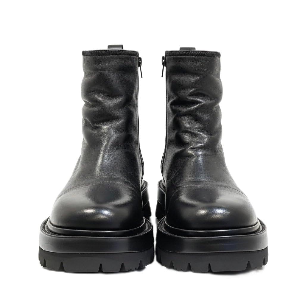 costoso italiano Men’s Black Leather Ankle Boots with Side Zipper, Chunky Lug Sole, Round Toe Casual Chelsea Style Boots for Men-picture-21