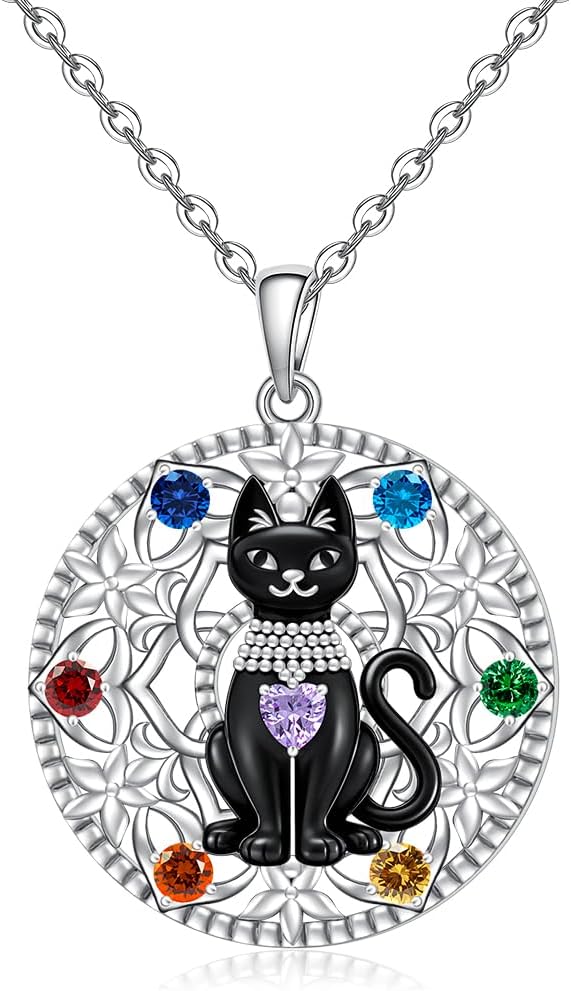 Black Cat Necklace for Women Pendant Halloween Chakra Black Cat Necklace Sterling Silver Animal Jewelry Christmas Birthday Gifts