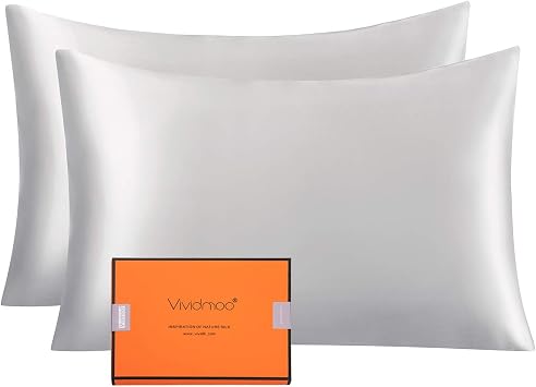Vividmoo Natural Silk Pillow Cases 2pack King Size, 19mm with Hidden Zipper, Both Sided 100% Mulberry Silk Pillow Covers, Hypoallergenic Gift, Soft Breathable Smooth, 20x36in Silver Grey