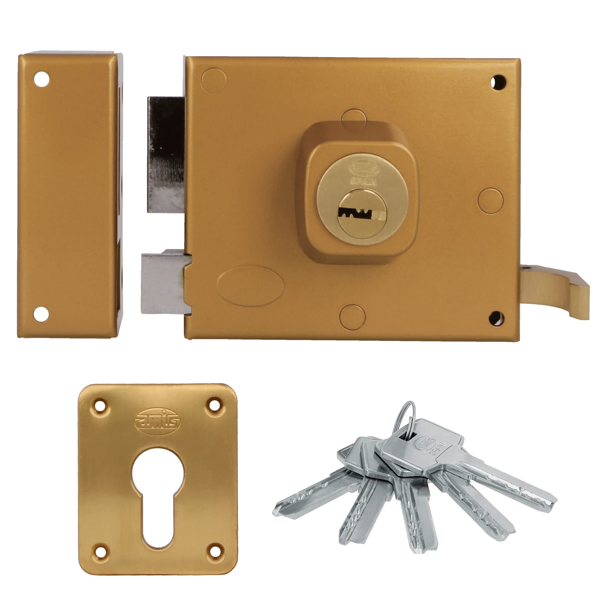 Amig - Cerradura de Sobreponer de Izquierda con Palanca de Cierre, Lengüeta y Tirador para Puertas de Madera Mod. 73, 100 x 85 mm, Pestillo Con Cilindro Europerfil, Acero Dorado