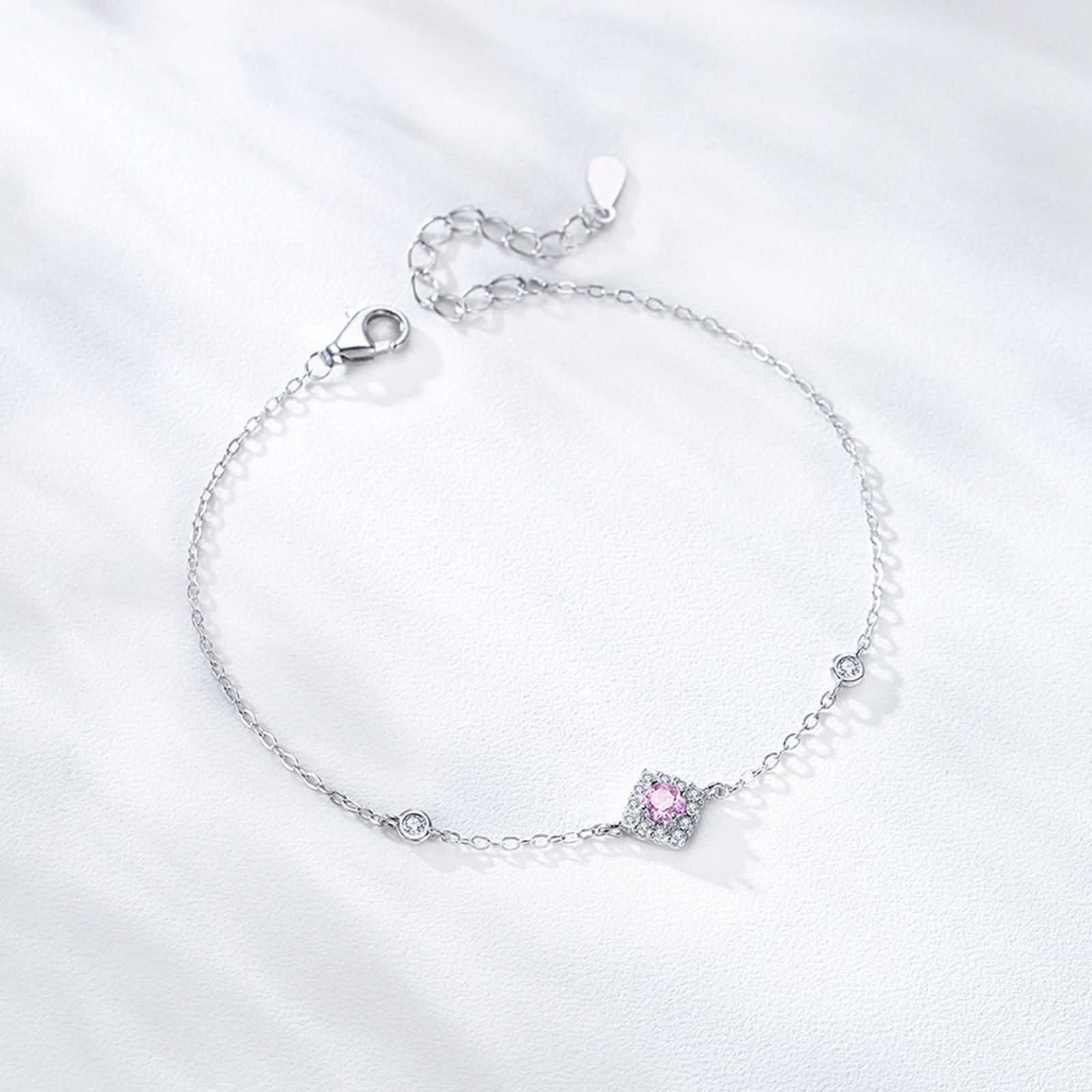Pulsera Mujer de Oro Blanco de 9Kilates / 14Kilates / 18Kilates, Rombo y Redondo con Diamante Creado y Moissanita, Cadena Extensible 16 CM + 5 CM, Pulseras Ajustable Mujer Plata Rosa