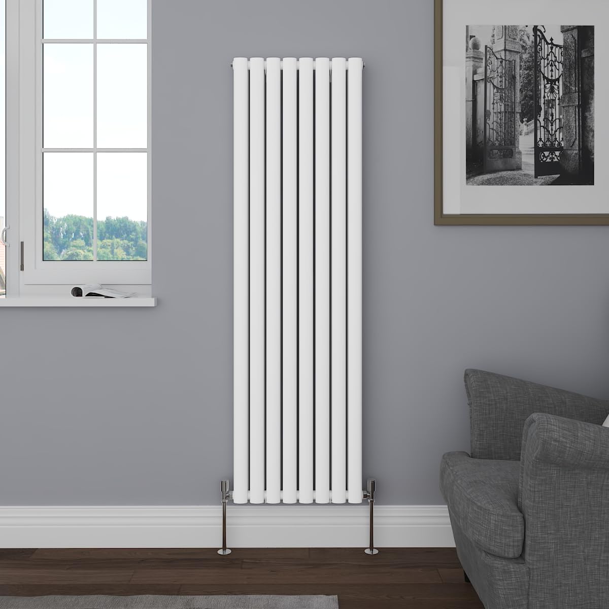 NRG Vertical 1600x472 Oval Column Designer Radiator Bathroom Central Heating Double Panel Gloss White โ image 1