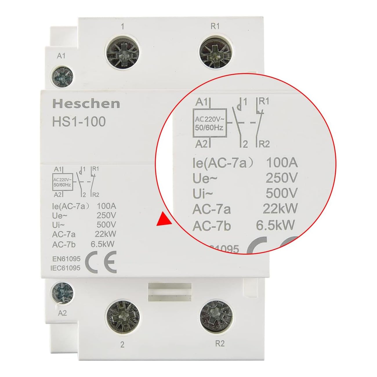 Heschen Contactor de CA para el hogar, HS1-100, Ie 100A, 2 polos 1NO 1NC, voltaje de bobina AC 220/230V, montaje en riel DIN de 35mm