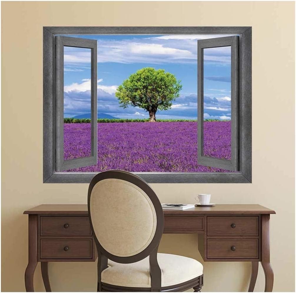 wall26 - Open Window Creative Wall Decor - A Lone Tree Surrounded by a Field of Purple - Wall Mural, Removable Sticker, Home Decor - 36x48 inches