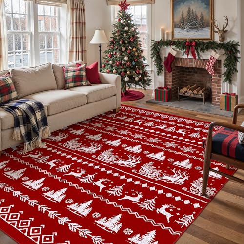 PureCozy 6x9 Christmas Area Rug Red Washable Living Room Carpet