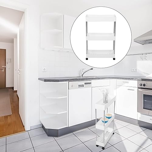 Miniatura 8 de Housoutil Carrito de almacenamiento delgado con ruedas, organizador de estantería móvil de 3 niveles, carrito utilitario rodante para oficina,