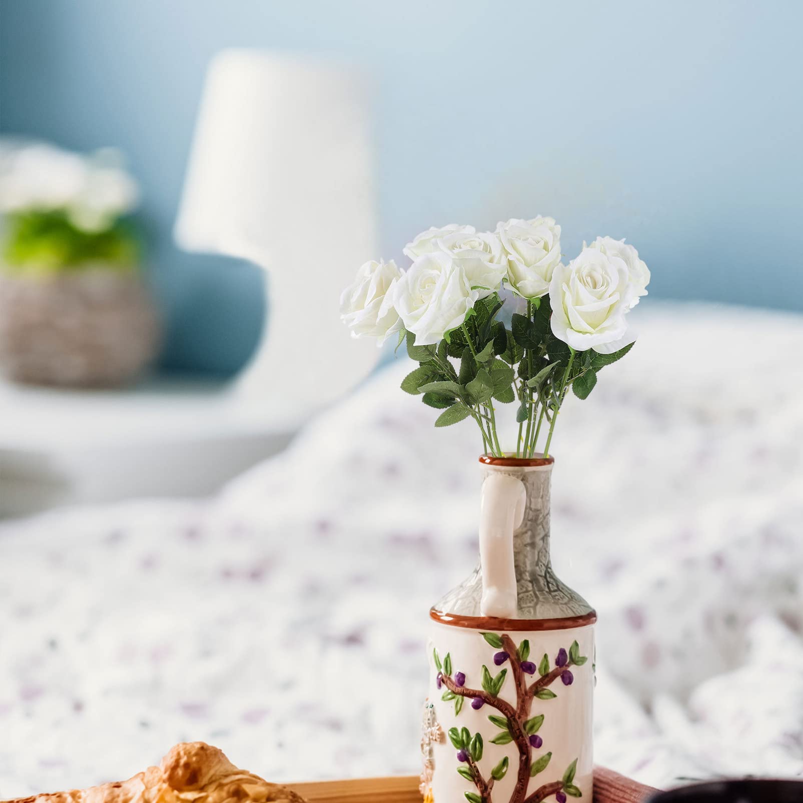 Amazon｜9ピースの造花白バラの花のバラの花束の長い茎のためのローズ