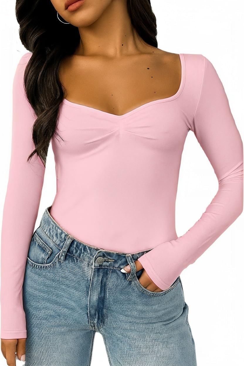 ForeFair Women's Long Sleeve Going Out Tops Pleated Basic T Shirts Cute Sweetheart Neck Y2K Fall Tops - Image 2