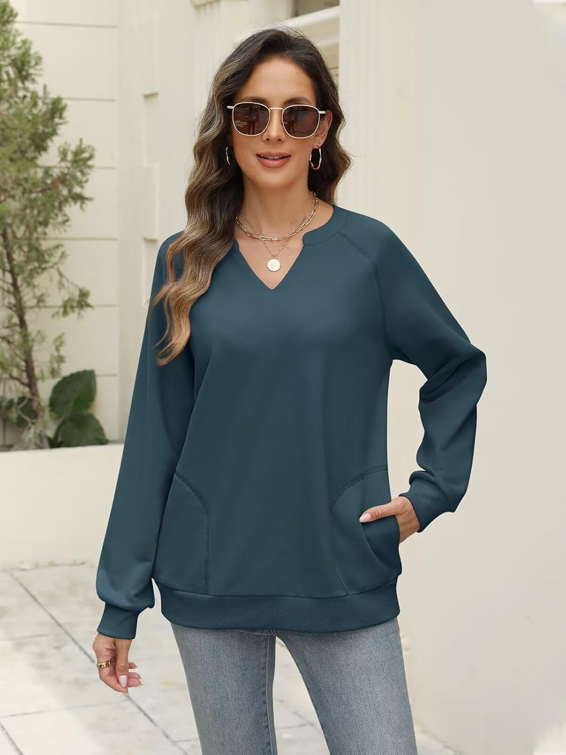 EADINVE Womens Casual Sweatshirts Long Sleeve V Neck Fleece Pullover Side With Pocket Cute Loose Fit Fall Tops 2025 - Image 3