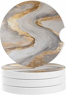 Yellow Grey Ombre Car Coasters for Cup Holders Set of 4 Absorbent, 2.56" Ceramic Stone Drinks Cupholder Coasters with Finger Notch Modern Marble Ink Painting Art Auto Interior Accessories for Women