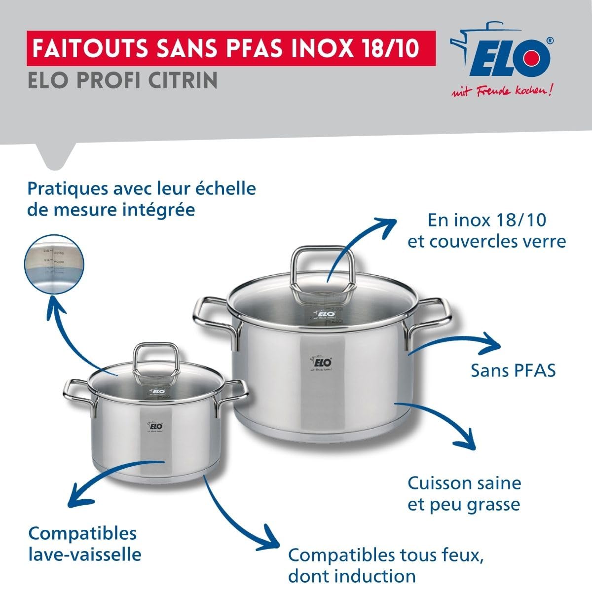 Elo Batterie de cuisine 3 poêles 24/28/32 cm et 2 faitouts 12/16 cm