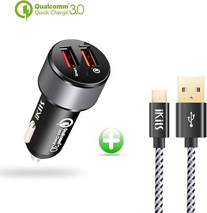 [Qualcomm Certificada] iKits Carga r?pida Cargador de Coche Quick Charge 3.0 30W Dual 2-Port USB Adaptador para dispositivos Samsung Galaxy S7, S6, HTC, Sony, iPhone/iPad Phone y Tablet Black