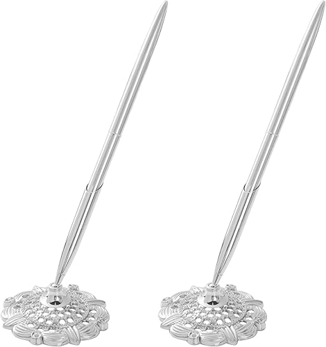 jiebor Juego de 2 soportes plateados para bolĂgrafos de boda y bolĂgrafo de metal, bolĂgrafo de escritorio de firma para libro de invitados, novia, jiebor Juego de 2 soportes plateados para bolĂgrafos de boda y bolĂgrafo de metal, bolĂgrafo de escritorio de firma para libro de invitados, novia,