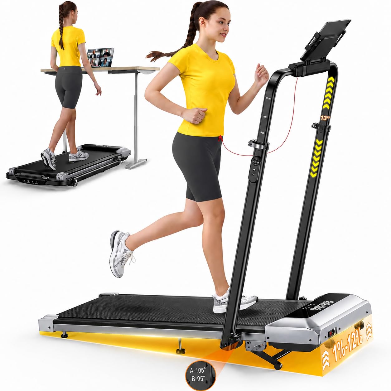 Laufband für Zuhause mit 12% Steigung, 12km/h Klappbar Laufband mit 1150MM Einziehbares Steigrohr, 6 in 1 Walking Pad, 95°/105° Drehbarer Steigrohr, 2.5HP Leiser Motor, Fernbedienung und App