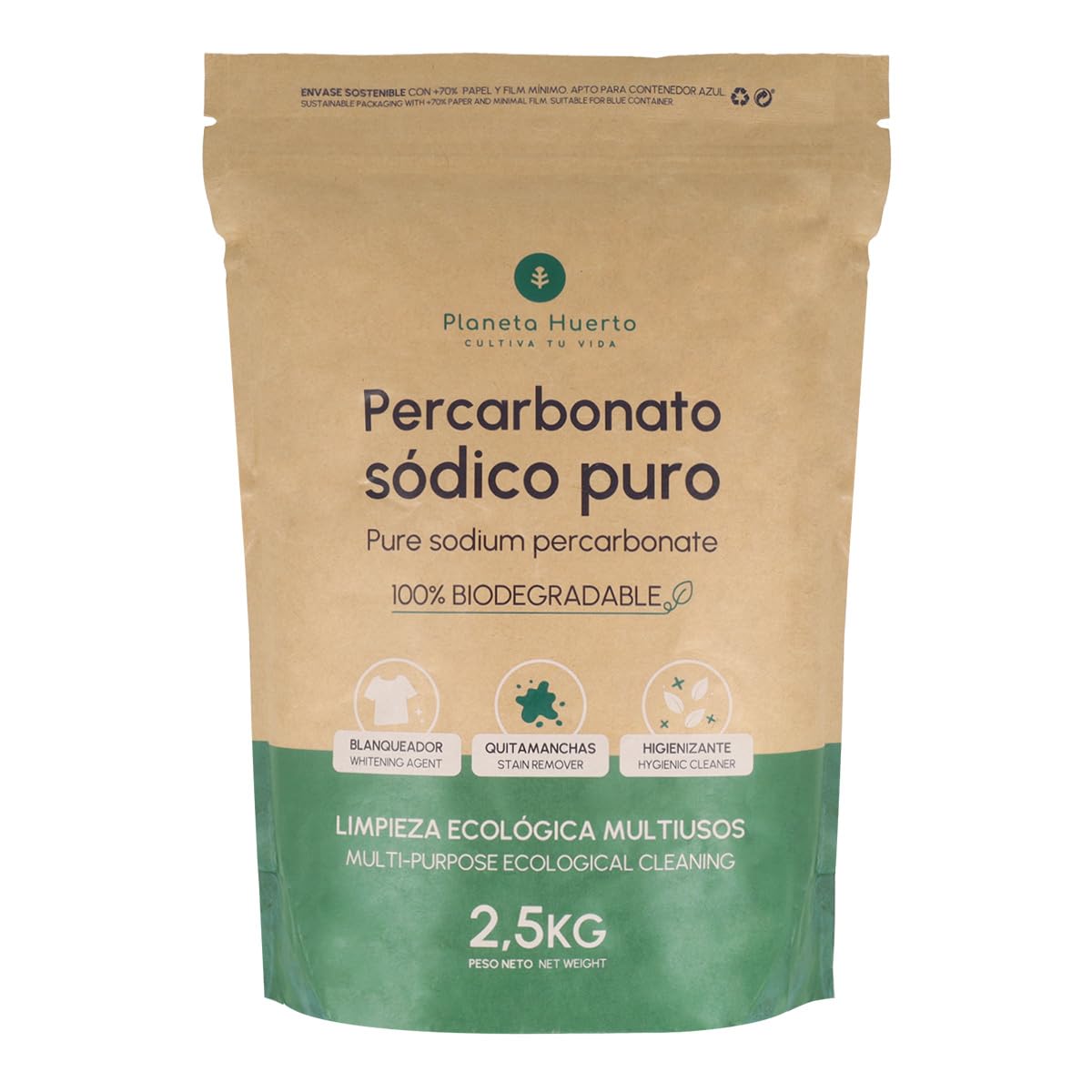 PLANETA HUERTO | Percarbonato Sódico Ecológico 2,5 kg – Percarbonato Blanqueador, quitamanchas e higienizante natural, limpieza sostenible para ropa blanca, superficies y hogar sin tóxicos