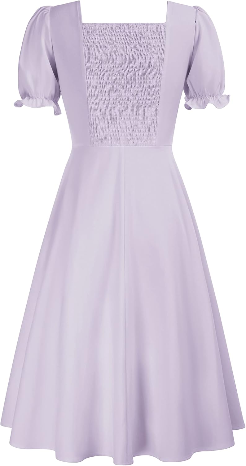 Belle Poque Women's 2024 Summer Puff Short Sleeve A-Line Satin Midi Dress 1950s Vintage Party Swing Dresses - Image 3