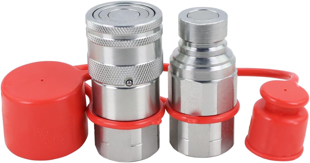 1/2" Skid Steer Flat Face Hydraulic Quick Connect Couplers With Dust Covers - Compatible With Parker FE Series | Faster FFH Series | Snap Tite 74 Series